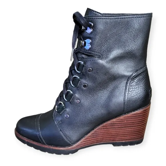SOREL After Hours Full Grain Leather Lace-up Wedge Boots Black Brown Size 10
