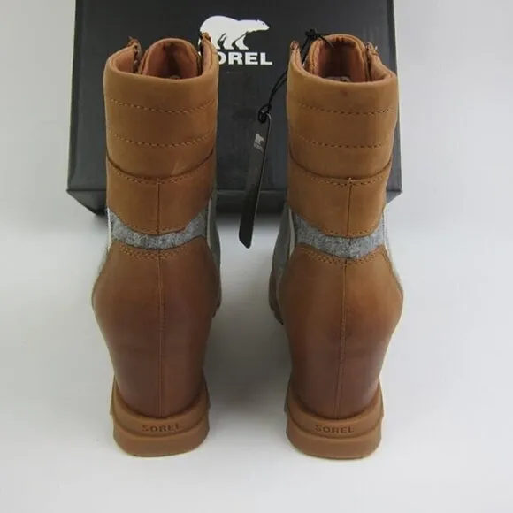 Sorel Boots 8 Leather Wedge Tan &amp; Grey Waterproof Lace Up NEW IN BOX