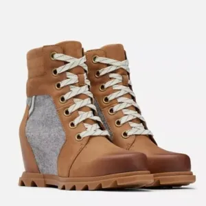 Sorel Boots 8 Leather Wedge Tan &amp; Grey Waterproof Lace Up NEW IN BOX