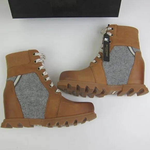 Sorel Boots 8 Leather Wedge Tan &amp; Grey Waterproof Lace Up NEW IN BOX