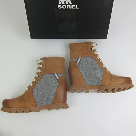 Sorel Boots 8 Leather Wedge Tan &amp; Grey Waterproof Lace Up NEW IN BOX
