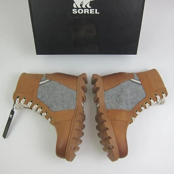 Sorel Boots 8 Leather Wedge Tan &amp; Grey Waterproof Lace Up NEW IN BOX