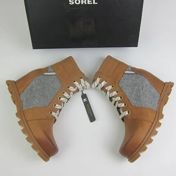 Sorel Boots 8 Leather Wedge Tan &amp; Grey Waterproof Lace Up NEW IN BOX