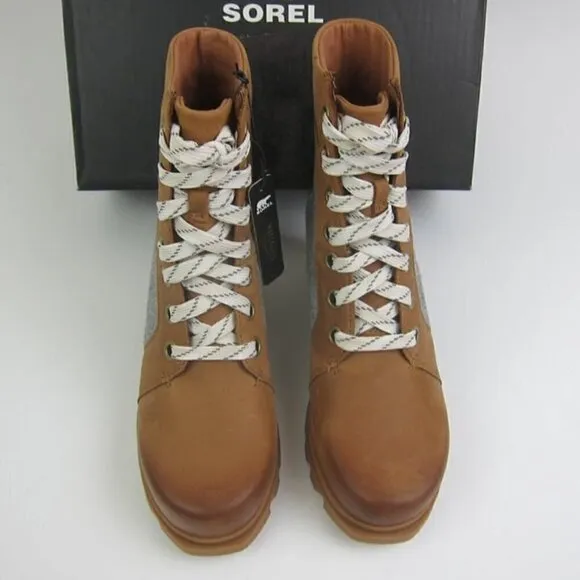 Sorel Boots 8 Leather Wedge Tan &amp; Grey Waterproof Lace Up NEW IN BOX