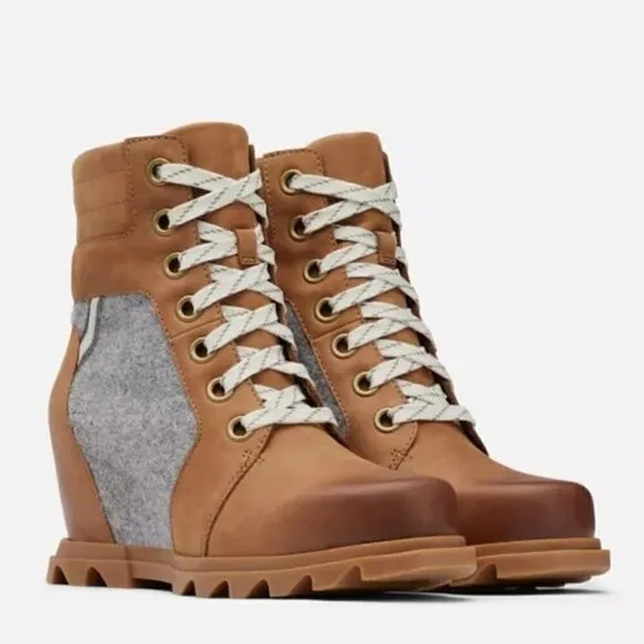 Sorel Boots 8 Leather Wedge Tan &amp; Grey Waterproof Lace Up NEW IN BOX