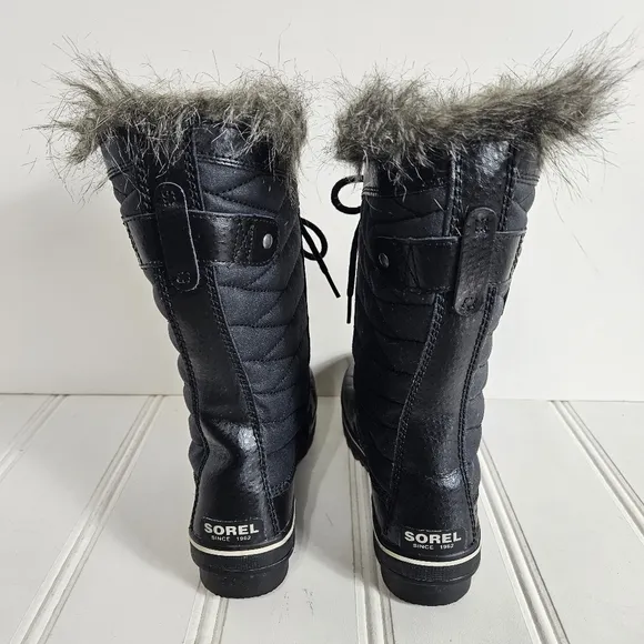 Sorel Boots Womens Size 7 Black Tofino II Tall Waterproof Faux Fur Lace-Up