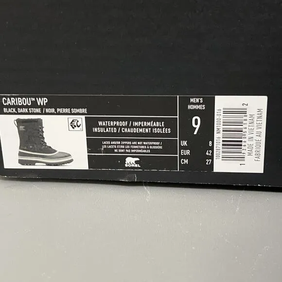Sorel Caribu Winter Boots Men's 9 Black Grey NM1000-16 Insulated Waterproof