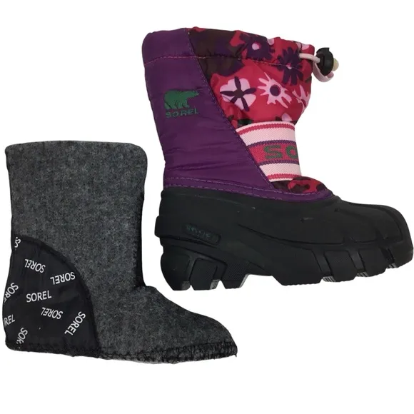 SOREL Cub Purple Pink Floral Insulated Snow Boots