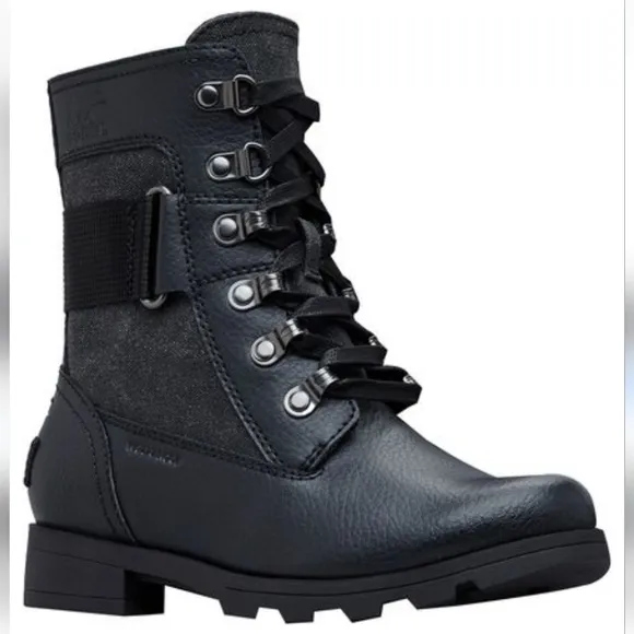 Sorel Emelie Conquest Girls Black Leather Waterproof Boots Size 5 Snow Winter