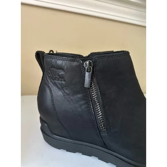 Sorel Evie Boots Pull On Zip Wedge Heel Waterproof Ankle Black Women Size 9.5