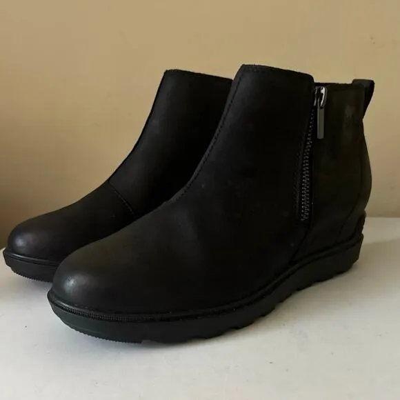 Sorel Evie Boots Pull On Zip Wedge Heel Waterproof Ankle Black Women Size 9.5
