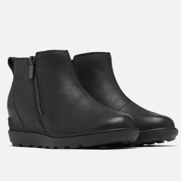 Sorel Evie Boots Pull On Zip Wedge Heel Waterproof Ankle Black Women Size 9.5