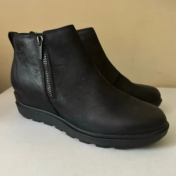 Sorel Evie Boots Pull On Zip Wedge Heel Waterproof Ankle Black Women Size 9.5