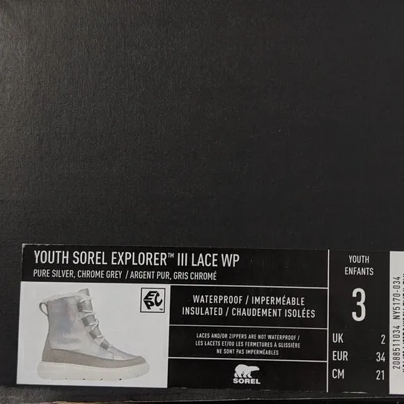 Sorel Explorer III Lace Waterproof Winter Boots, Silver, Little Kids 3