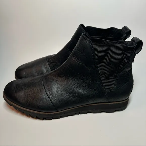 Sorel Harlow Chelsea Ankle Boots Women's 9 Black Leather Comfort Waterproof Lug