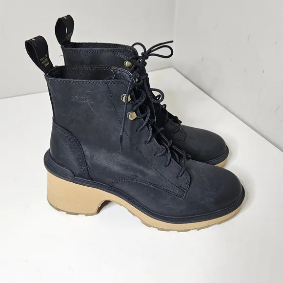 Sorel Hi-Line Lace Up Waterproof Boots Ankle Black Leather Chunky Platform 9