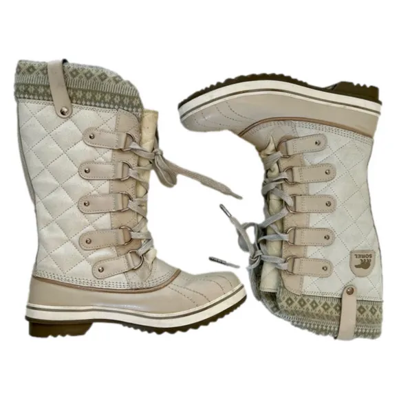 Sorel Joan of Arctic Fair Isle Insulated Boots Size 8 Cream Beige Waterproof