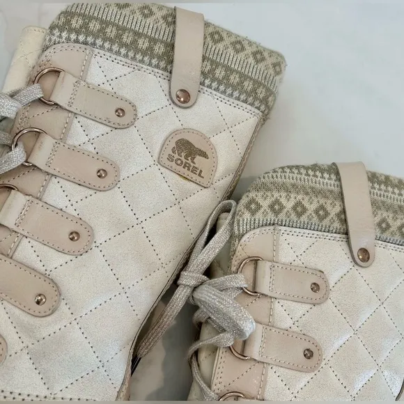 Sorel Joan of Arctic Fair Isle Insulated Boots Size 8 Cream Beige Waterproof