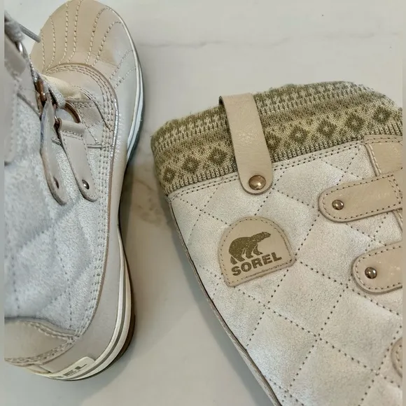 Sorel Joan of Arctic Fair Isle Insulated Boots Size 8 Cream Beige Waterproof
