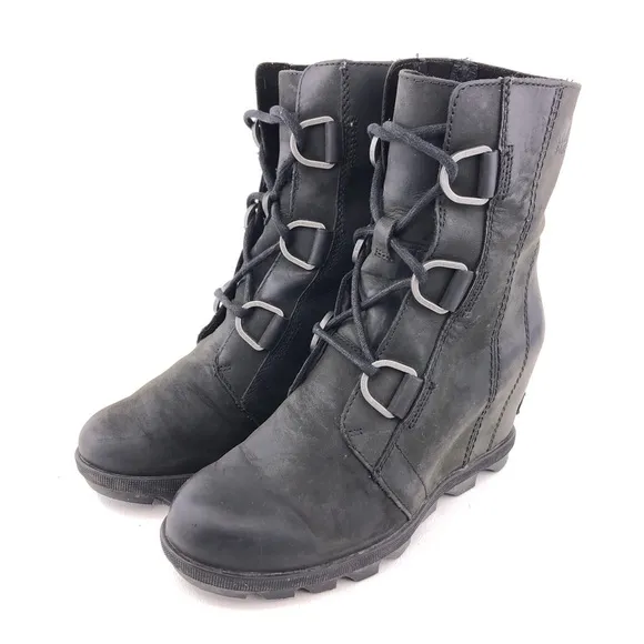 Sorel 'Joan of Arctic Wedge II' Black Leather Ankle Boots 6