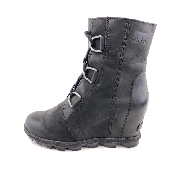 Sorel 'Joan of Arctic Wedge II' Black Leather Ankle Boots 6