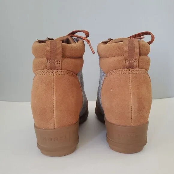 Sorel Lace Up Velvet Tan Wedge Evie Ankle Boots Booties Womens 8.5