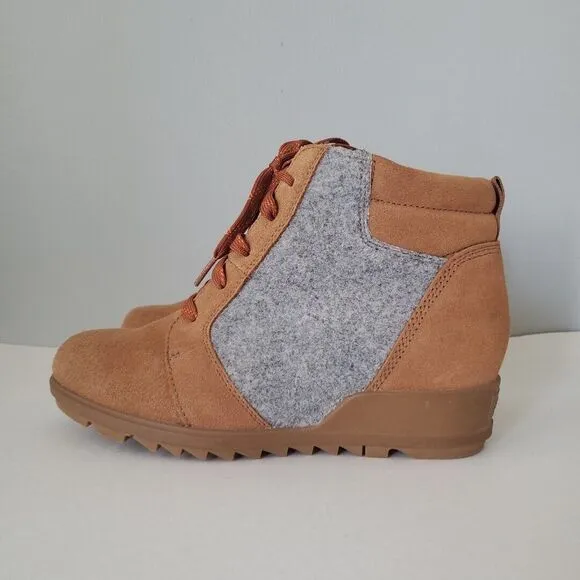 Sorel Lace Up Velvet Tan Wedge Evie Ankle Boots Booties Womens 8.5