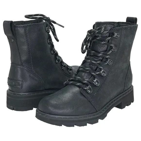 Sorel Lennox Lace Up Waterproof Black Leather Womens Ankle Boots Size 5M