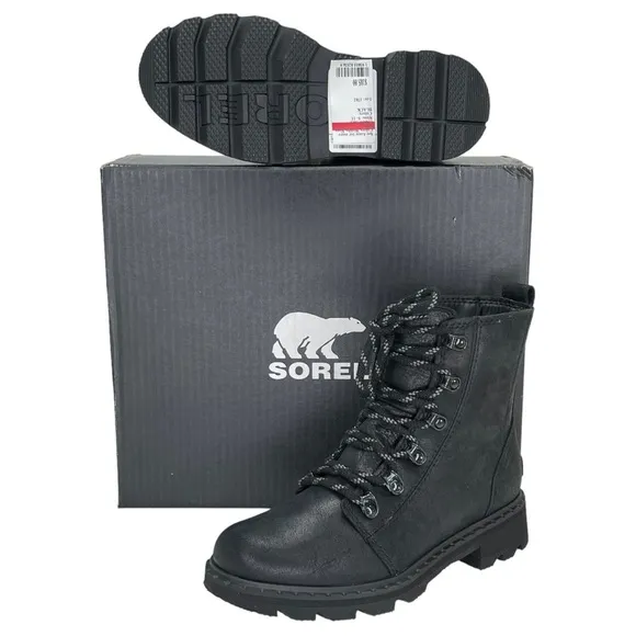 Sorel Lennox Lace Up Waterproof Black Leather Womens Ankle Boots Size 5M