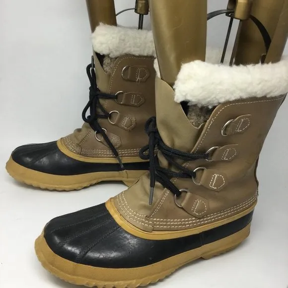 Sorel Mantou Furry Lined Lace Up Waterproof Duck Boots US7 Tan &amp; Black 40 9