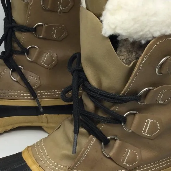 Sorel Mantou Furry Lined Lace Up Waterproof Duck Boots US7 Tan &amp; Black 40 9