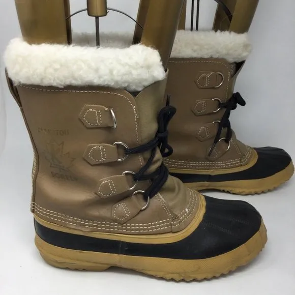 Sorel Mantou Furry Lined Lace Up Waterproof Duck Boots US7 Tan &amp; Black 40 9