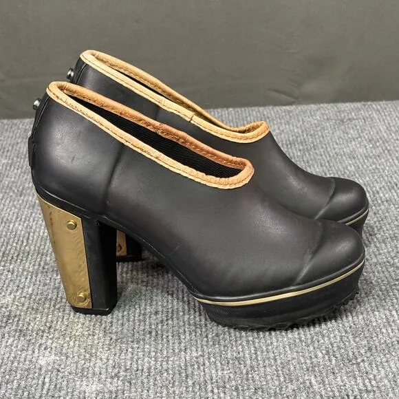 Sorel Shoes Women’s 5 Medina II Rubber Rain Gorpcore Platform Heel Gold Black