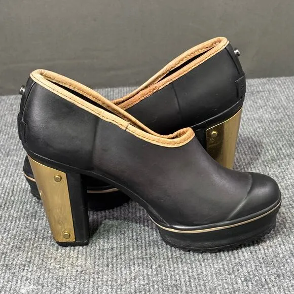 Sorel Shoes Women’s 5 Medina II Rubber Rain Gorpcore Platform Heel Gold Black