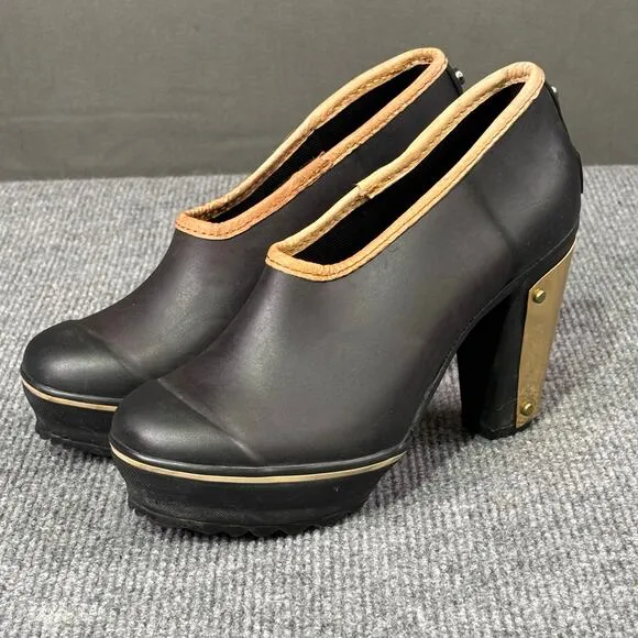Sorel Shoes Women’s 5 Medina II Rubber Rain Gorpcore Platform Heel Gold Black