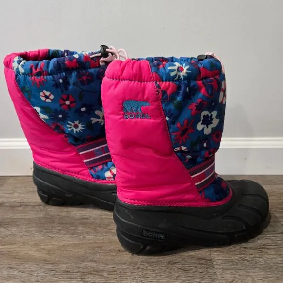 Sorel Snow Boots Waterproof Pink Blue Floral Girls 5 Womens 7