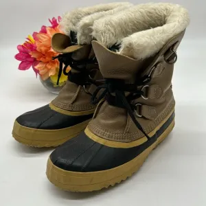 Sorel Tan Leather Faux Fur Warm Winter Boots Size 7 WRB6954K