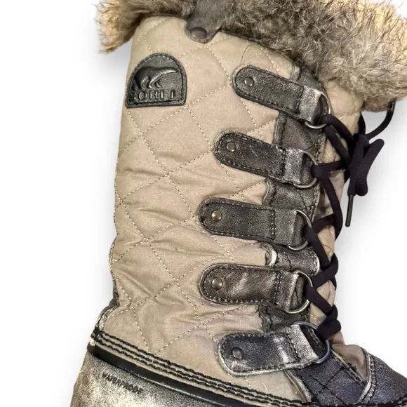 Sorel Tofino Tall Gray‎ Waterproof Lace Up Distressed Faux Fur Snow Boots Sz 7.5