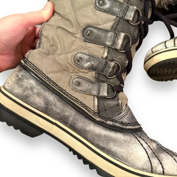 Sorel Tofino Tall Gray‎ Waterproof Lace Up Distressed Faux Fur Snow Boots Sz 7.5