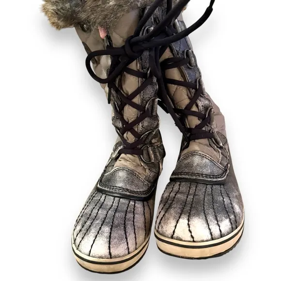 Sorel Tofino Tall Gray‎ Waterproof Lace Up Distressed Faux Fur Snow Boots Sz 7.5