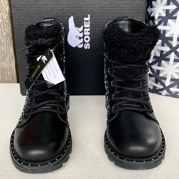 SOREL Waterproof Lace Up Cozy Black Leather Moto Rain Winter Boots 8 8.5 9