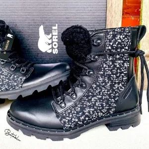 SOREL Waterproof Lace Up Cozy Black Leather Moto Rain Winter Boots 8 8.5 9
