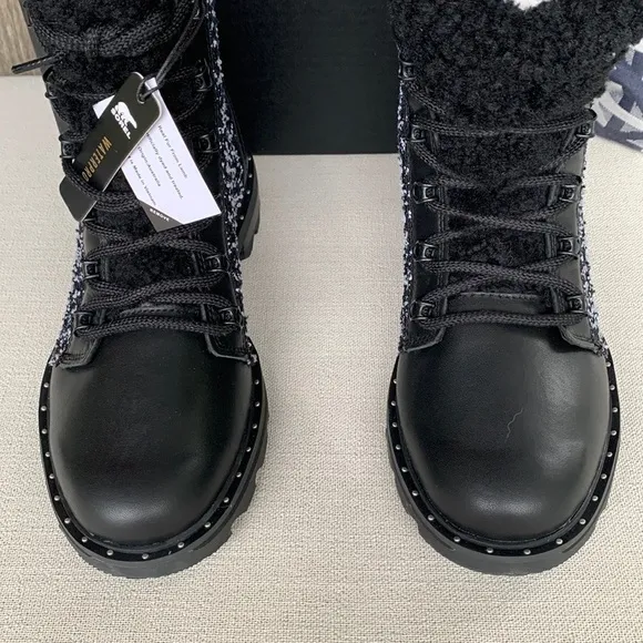 SOREL Waterproof Lace Up Cozy Black Leather Moto Rain Winter Boots 8 8.5 9