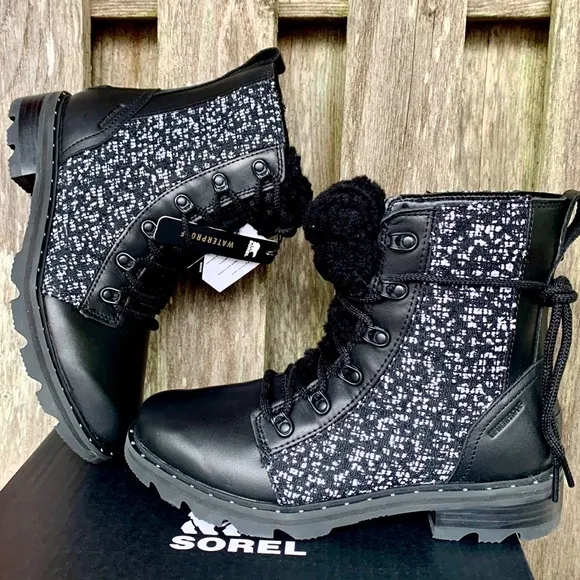 SOREL Waterproof Lace Up Cozy Black Leather Moto Rain Winter Boots 8 8.5 9