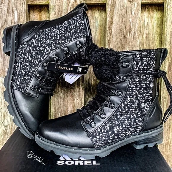 SOREL Waterproof Lace Up Cozy Black Leather Moto Rain Winter Boots 8 8.5 9