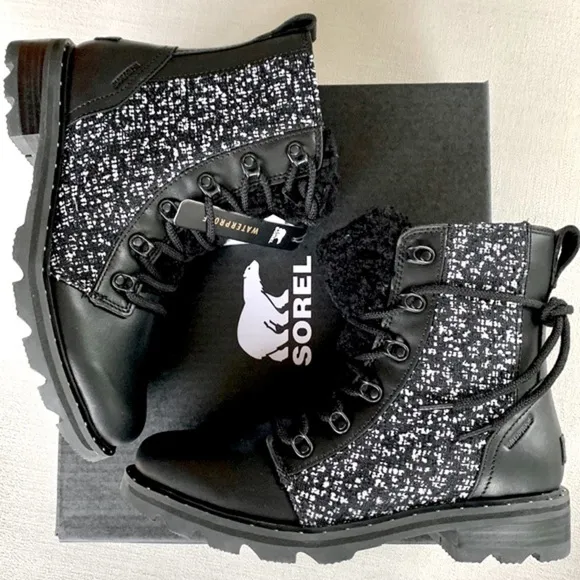 SOREL Waterproof Lace Up Cozy Black Leather Moto Rain Winter Boots 8 8.5 9