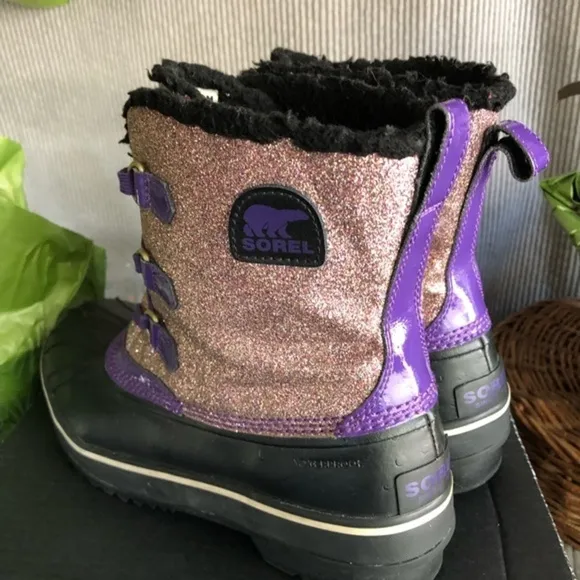 SOREL winter snow boots purple pink metallic glitter black rubber soles rainboot