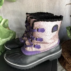 SOREL winter snow boots purple pink metallic glitter black rubber soles rainboot