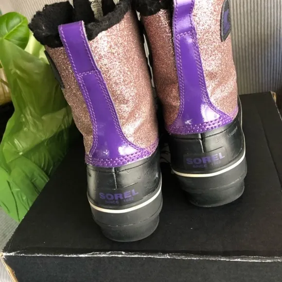 SOREL winter snow boots purple pink metallic glitter black rubber soles rainboot