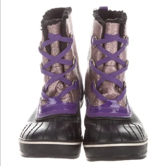 SOREL winter snow boots purple pink metallic glitter black rubber soles rainboot